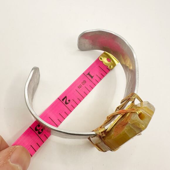 Golden Calcite Cuff Bracelet Wrapped Chunky Stone Boho Modern Silver tone - Picture 4 of 10